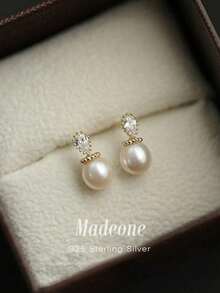 MADEONE 1 Đôi bông tai ngọc trai hình giọt nước đính đá Zirconia, bông tai nhỏ sang trọng bằng bạc S925 dành cho nữ, trang sức tinh tế, thích hợp để trang trí tiệc trà chiều và các buổi dạ tiệc. - Vàng - Xem 2
