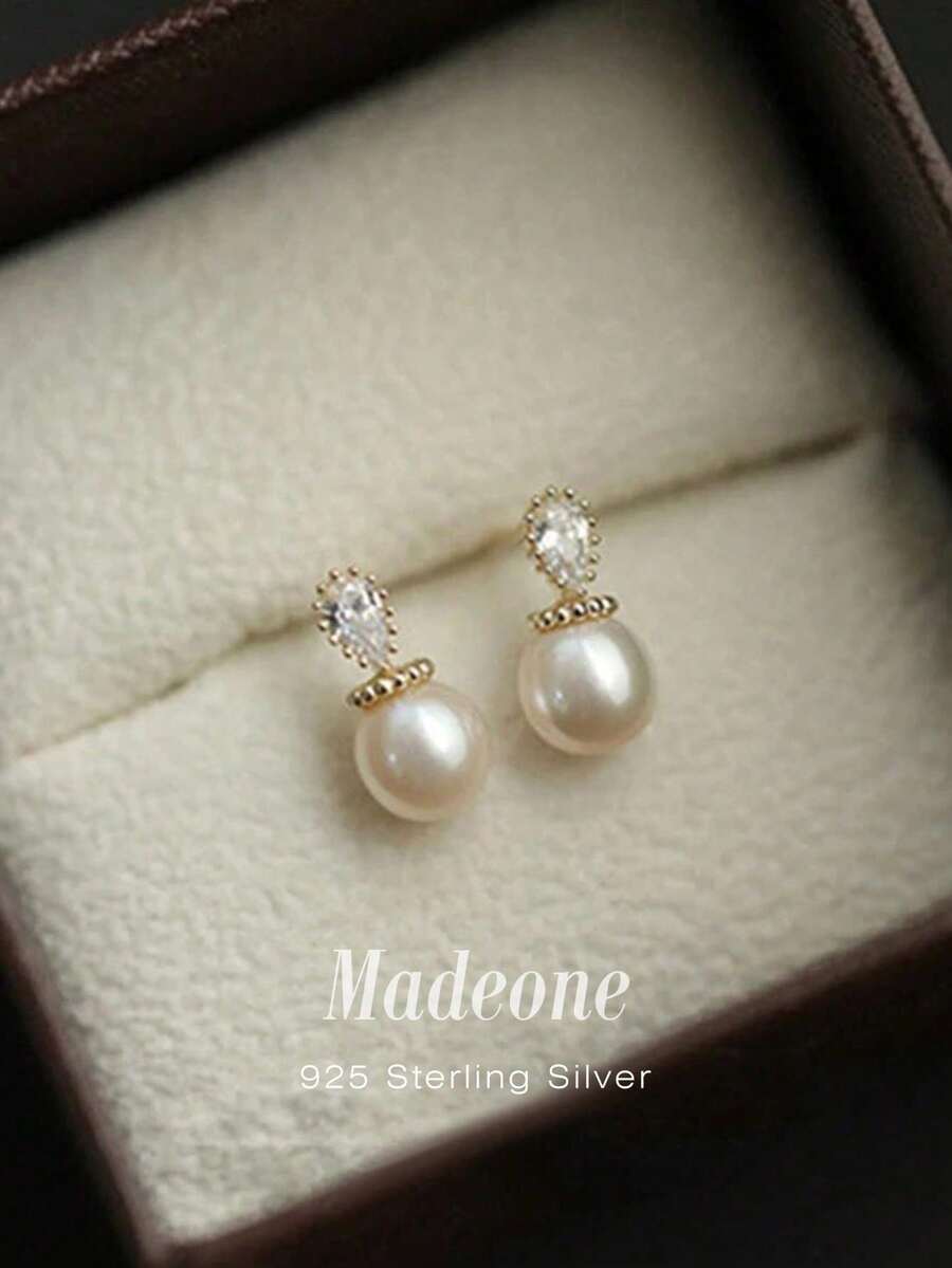 MADEONE 1 Đôi bông tai ngọc trai hình giọt nước đính đá Zirconia, bông tai nhỏ sang trọng bằng bạc S925 dành cho nữ, trang sức tinh tế, thích hợp để trang trí tiệc trà chiều và các buổi dạ tiệc.