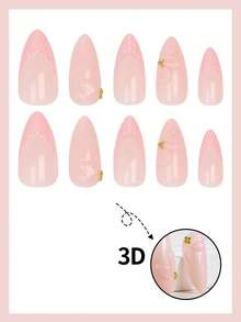 24pcs Medium Pink 3D Petal Decor Glossy Full Coverage Fake Nails, Suitable For Women And Girls - Multicolor - View 3