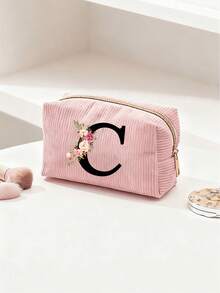 Customized A-Z Letter Corduroy Pencil Case, Customized Initial, Back To School Essential Pencil Bag, Valentine's Day Gift Makeup Bag, Ramadan Gift Choice, Large Capacity Travel Cosmetic Organizer (Smooth Zipper), Fresh And Cool Pink & White Letter Print Design, Lightweight And Foldable, Portable And Easy To Store, Thoughtful Gift For Girlfriend/Bridesmaid, Durable Toiletry Organizer For Home And Travel, Popular Back To School Gift - Multiple Styles - View 12