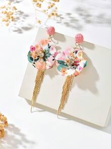 1對海灘度假Ins風布料花卉微鑲嵌透明水鑽流蘇耳環，時尚甜美高級感布料流蘇花朵耳環，適合女性日常穿搭、度假與宴會（隨機布料圖案） - 粉色 - 查看 3