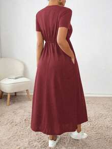 Vestido midi con cordón en la cintura, bolsillo lateral, ropa de regreso a la escuela, ropa de mujer para otoño, atuendos de maestra, vestido de despedida de soltera, vestidos casuales de mujer, vestidos midi de mujer, vestidos de trabajo de mujer, vestidos de otoño para mujer, vestidos maxi de mujer, disfraz de Halloween, vestido casual de negocios, vestidos de verano para mujer - Burdeos - Ver 2