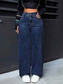 PETITE Jeans rectos de cintura alta lavados de estilo casual para mujer - Azul lavado oscuro - Ver 1