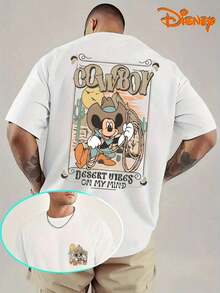 Disney Men's Casual T-Shirt, Cowboy Mickey Desert Print, Retro Western Design, Oversized Fit, Ideal For Adventure Style - White - View 1