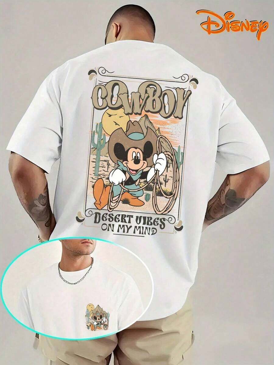 Disney Men's Casual T-Shirt, Cowboy Mickey Desert Print, Retro Western Design, Oversized Fit, Ideal For Adventure Style - White - View 1