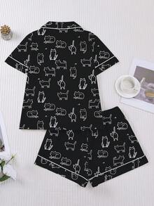 Set Piyama Wanita 2 Potong, Motif Kucing, Pakaian Santai Wanita, Pakaian Liburan Musim Semi/Panas, Set Atasan Lengan Pendek dan Celana Pendek - Hitam - View 2