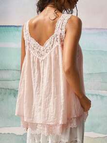 Blusa de uso diario versátil y casual con parches de encaje para mujer - Rosa Pálido - Ver 2