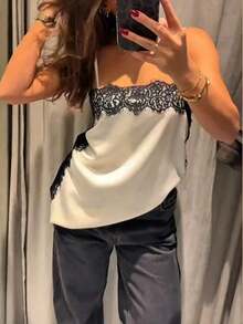 Top tipo camiseta de estilo callejero de moda para mujer, camisola de satén con parches de encaje floral, elegante top sin espalda sin mangas con tirantes finos, camisola sexy con encaje y tela tejida de unicolor para uso diario y salidas de verano - Albaricoque - Ver 1