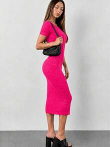 MHG Vestido Midi Ajustado Mujer Tela Rib Acanalada Manga Corta Casual Elegante Stretch Moldea Figura Moda Viral - Rosa Fucsia - Ver 2