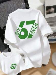 Summer Short-Sleeved T-Shirt For Boys, "67" With A Fun Digital Design. Suitable For Casual Wear, School, And Everyday Wear. - Pink - View 1