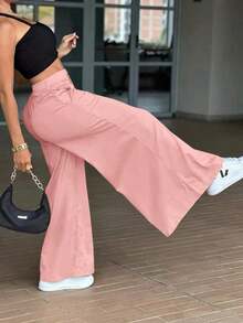Pantalones anchos y sueltos de unicolor y casual para mujer, elegantes y minimalistas - Rosa - Ver 6