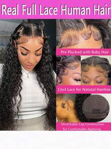 24-36 Inch Deep Wave 13x4 Lace Front Wigs Human Hair For Women Water Wave Glueless Brazilian Frontal Bob Curly Wig Hairline 220% Density Pre Plucked With Baby Hair Natural Look Ear-To-Ear Hairpiece Wig For Party, Cosplay, Daily Use - 自然色彩 - 查看 3
