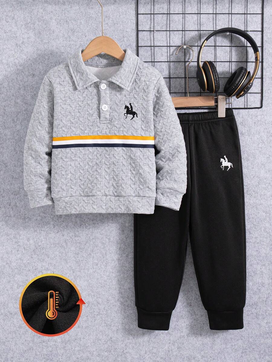 男童休閒時尚刺繡設計半鈕扣長袖上衣與長褲2件套，秋冬款 - 灰色 - 查看 1