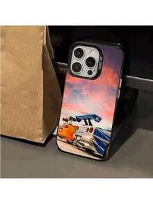Funda en Estilo Ins con Patrón de Coche para iPhone 16 Pro Max/15 Pro/14 Plus/13/12/11/Xs Max/Xs/Xr/8/7 - Estética Vintage, Acabado Mate Gradiente de Alta Calidad, Sin Huellas Dactilares - Negro - Ver 3