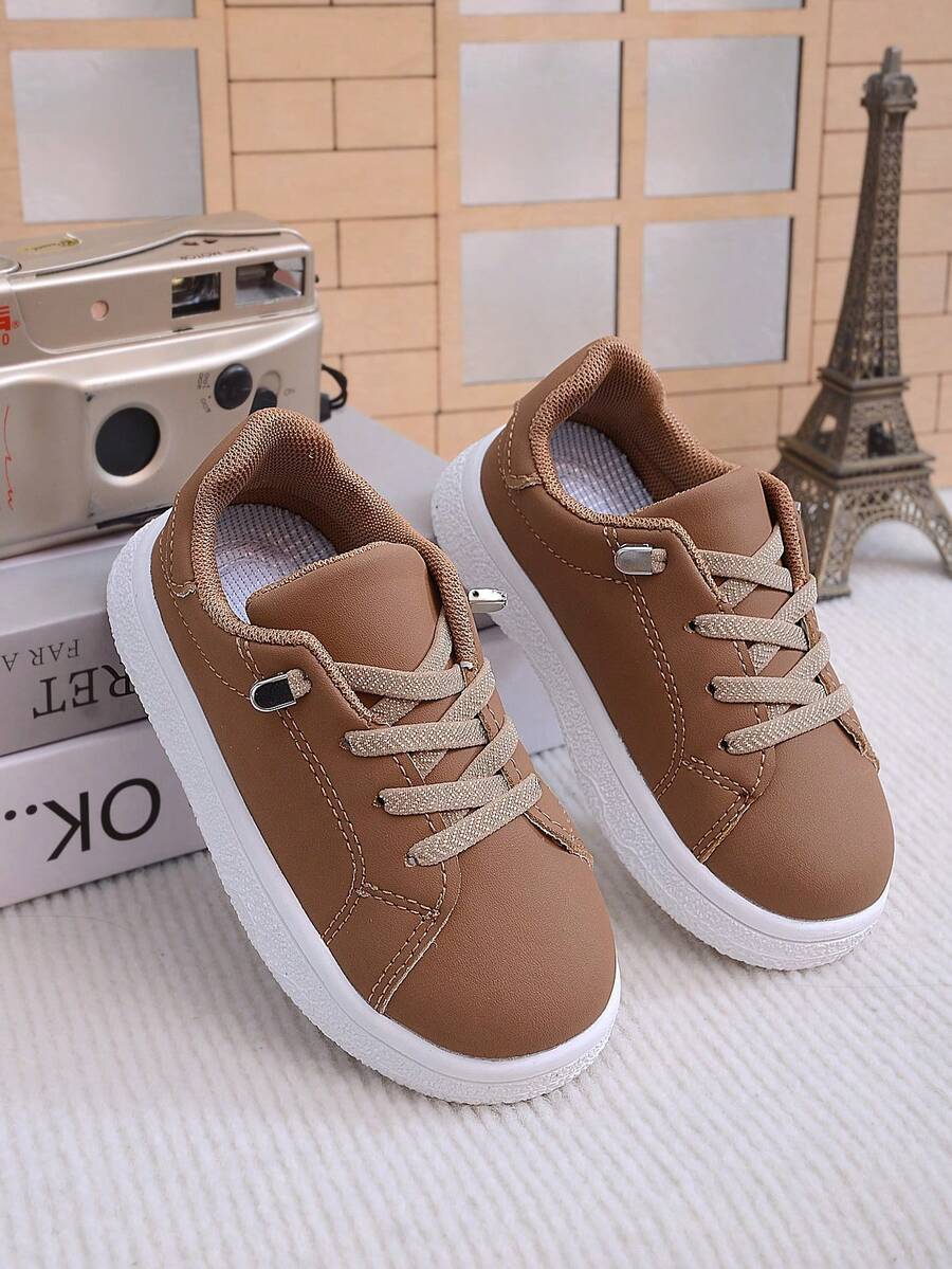 1 Pair New Kids Lace-Up Slip-On Sneakers, Fashionable Comfortable Wear-Resistant White Shoes, Lightweight Anti-Slip Easy To Match, Suitable For Daily Wear And Running - Khaki - View 1