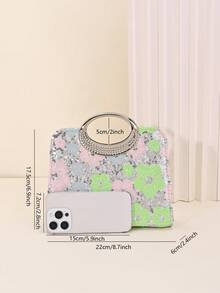 Floral Sequin Evening Clutch Bag For Women, Elegant Metal Ring Handle Handbag, Sparkly Formal Purse For Wedding Prom Party Cocktail Events, Glamorous Statement Clutch For Special Occasions - Silver - View 6