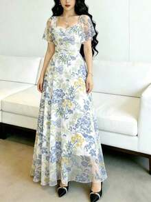 Vestido largo de gasa con estampado floral de hortensia y clavel, diseño de cuello cuadrado y mangas con volantes, cintura ceñida, elegante y apropiado para el verano y el uso diario - Multicolor 2 - Ver 4