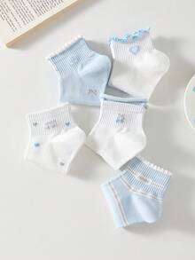5 Pairs Women Cute Sweet White & Blue Bow, Heart, Cherry Print Short Socks, Student Socks, Comfortable Casual Creative Ruffled Socks, Random Colors, Suitable For Daily Wear All Seasons - Multicolor - View 12