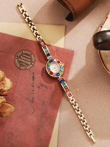 2pcs/Set Women's Luxury Colorful Crystal Quartz Bracelet Watch + Colorful Braided Bracelet, Watch Not Included - Gold - View 8