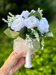 10-Inch Heart Crystal Bridal Bouquet, Lace Bow Silk Rose Wedding Ceremony Prop, Graduation Prom Gift - Multicolor - View 11