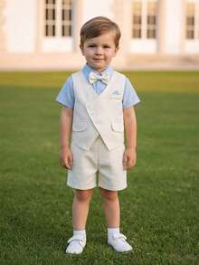 BOARNSEORL Bộ quần áo lịch lãm 2 món cho bé trai - Áo sơ mi ngắn tay kèm nơ và quần short màu xanh navy, thời trang và bảnh bao, thích hợp cho tiệc sinh nhật, sinh nhật lần thứ nhất, đám cưới, tiệc chiêu đãi. - trắng - Xem 2