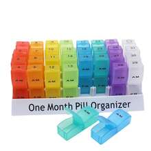 Organizador de pastillas de 32 ranuras y 31 días - Rejilla desmontable de pastillas mensuales, caja de almacenamiento de medicamentos portátil de gran capacidad adecuada para el almacenamiento diario de vitaminas - Multicolor - Ver 3