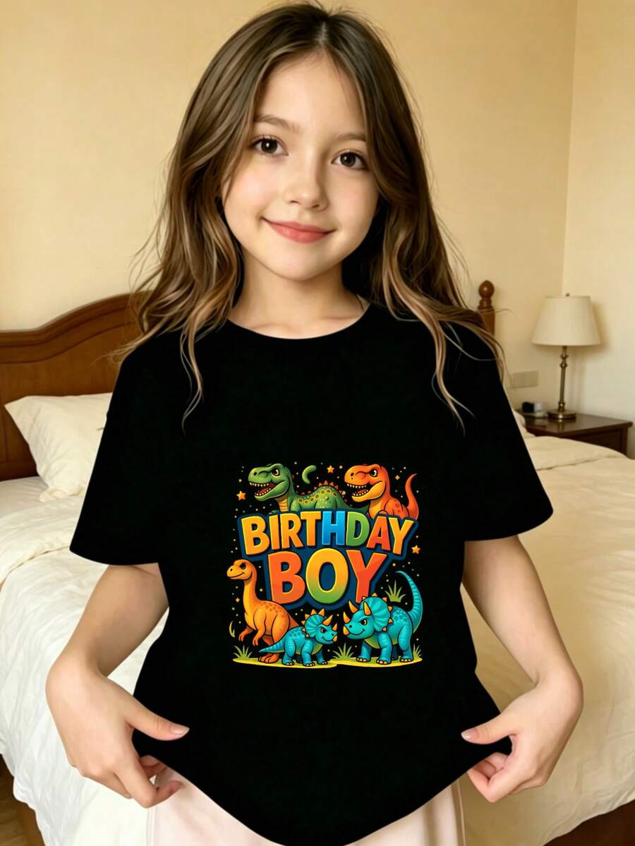 Dinosaur Pattern Birthday Printed T-Shirt For Kids - Black - View 1