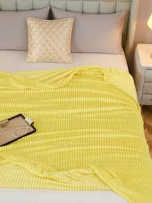 1pc Striped Soft Plush Blanket, Skin-Friendly And Comfortable For Bedroom And Guest Room, Machine Washable, Suitable For All Seasons - Yellow - View 8
