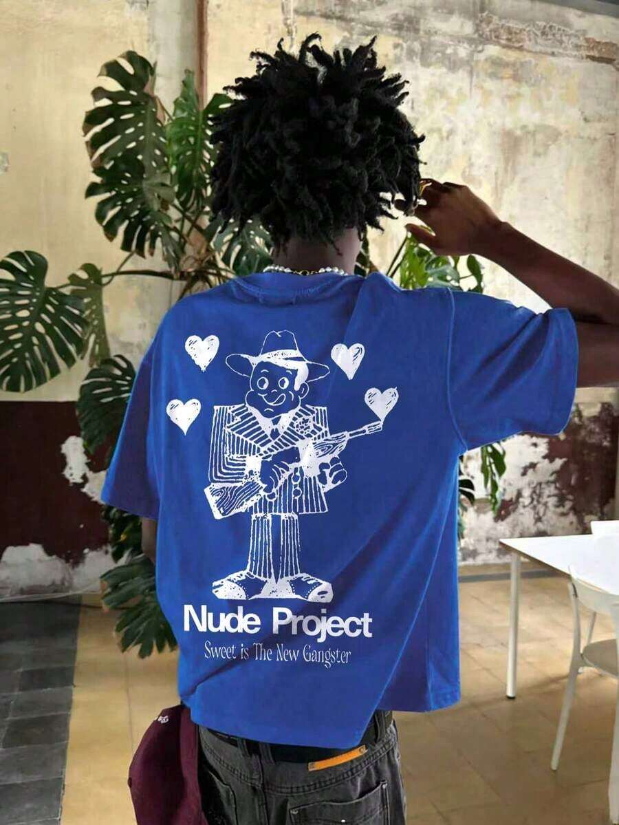 INFLATION Men's Short Sleeve T-Shirt With Cartoon Print, Casual And Versatile For Everyday Wear - 藍色 - 查看 1