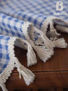 Tokoto Blue Gingham Tablecloth With Tassel Fringe, Farmhouse Cotton Linen Table Cover For Dining Table, Nightstand & Coffee Table Decor, Rustic Boho Plaid Style - Blue - View 7