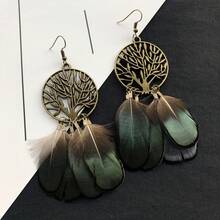 Boho ‑Chic Tree‑Of‑Life Peacock‑Feather Earring Set, Dainty Multi‑Design Antique‑Bronze Long‑Drop Kit For Vacation‑Style Streetwear - 款式四 - 查看 3