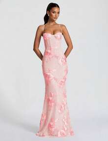 Shiny Floral Embroidered Elegant Sexy Semi-Sheer Backless Floral Mesh Party Dress, Suitable For Formal Occasions Like Anniversary, Graduation, Gala - Baby Pink - View 2