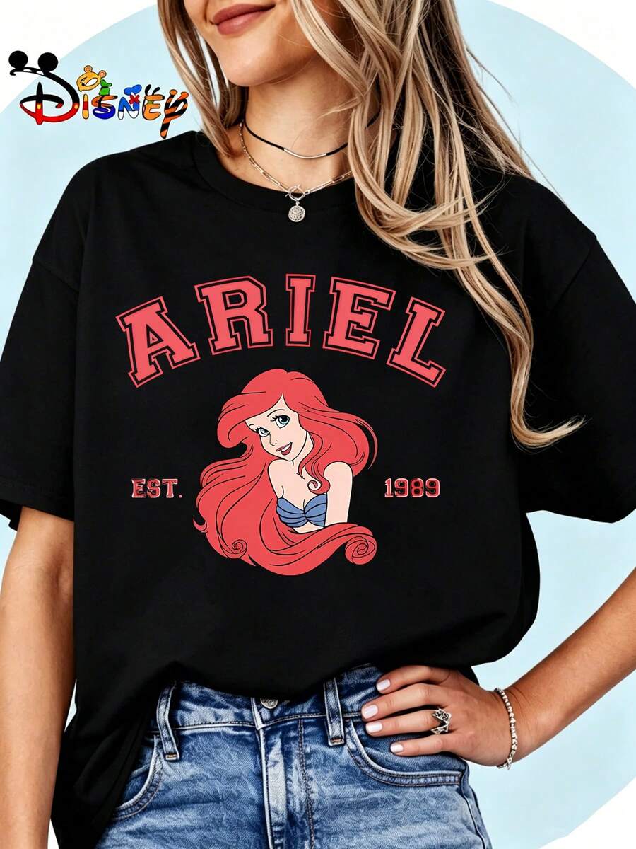 Breathable Cotton Disney Fan Tee | Ariel "Est. 1989" Princess Portrait Print | Classic Disney Pullover Shirt - 黑色 - 查看 1