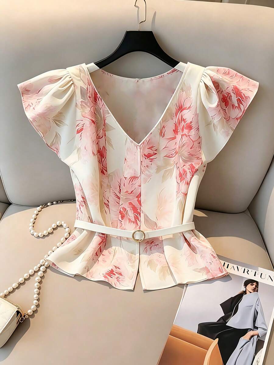 Women's Casual Commuting Shiny Draping Pink Floral Print V-Neck Ruffle Metallic Belt Puff Sleeve Blouse Shirt, Spring/Summer - Red and White - View 1