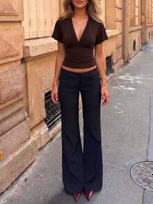 Áo croptop ngắn tay cánh dơi cổ chữ V màu nâu cho nữ, hàng mới về mùa hè. - Cà phê nâu - Xem 6