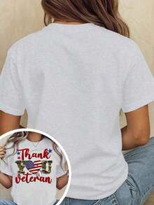 Thank You Veterans, Women's Fashionable Loose Fit T-Shirt With Heart And American Flag Design, Suitable For Casual Events, Breathable And Slightly Stretchy, Machine Washable, Summer Clothing For Women, 100% Cotton. - 杏色 - 查看 3