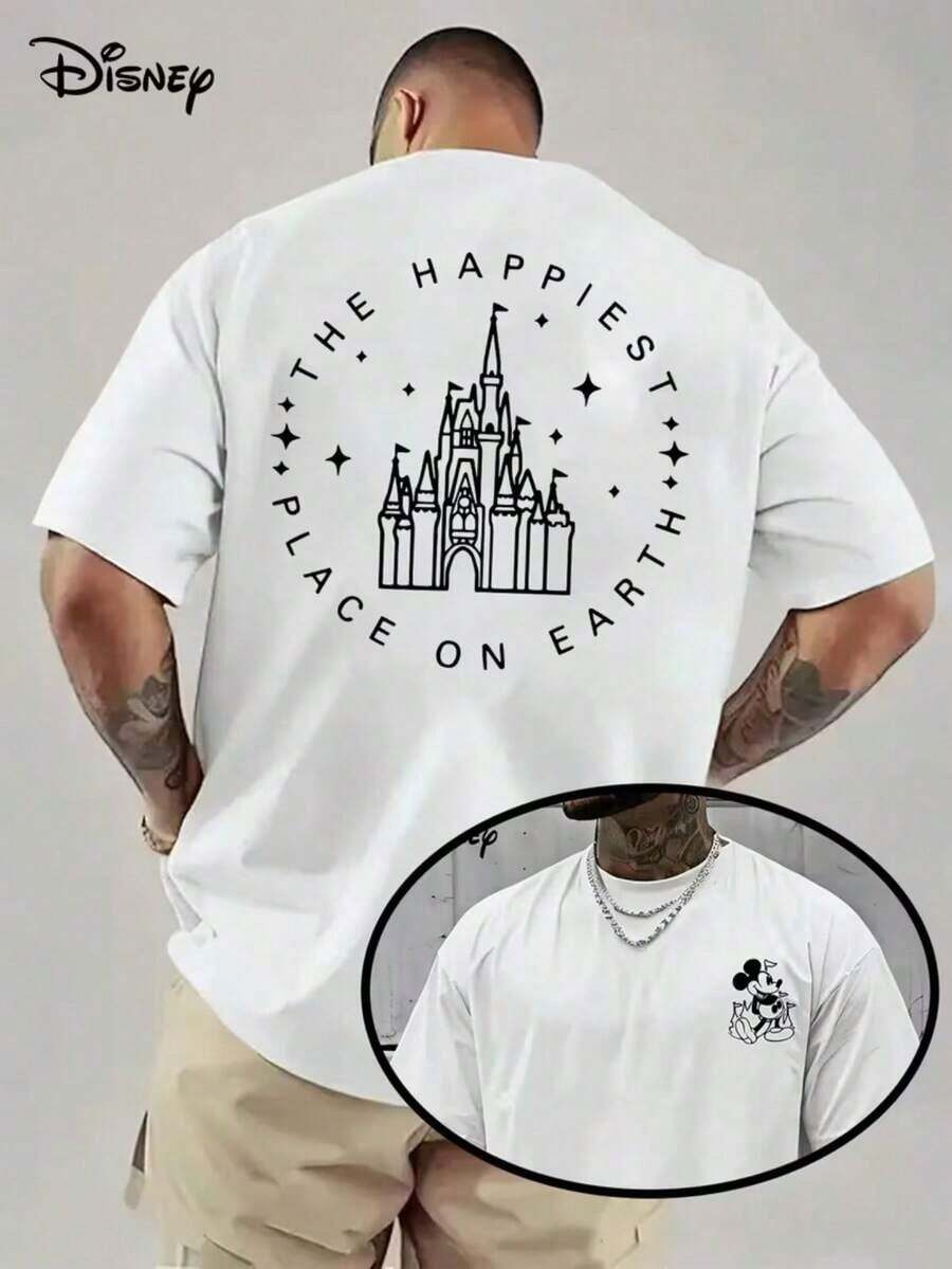 Disney Authorized Men's "Disneyland" Castle Slogan T-Shirt, Disney Castle Line Draft With "The Happy Paradise Earth" Slogan+Star Elements Appeared, Fabric Washable And Easy To Take Care Of, Suitable For Paradise Trips, Leisure Trips, Daily Commuting And Other Scenes, The Theme Atmosphere Of The Park Is Full. - trắng - Xem 1