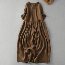Vestido de Lino y Algodón Estilo Japonés para Mujer, Verano, Vintage, Cuello en V, Antiedad, con Volantes, Elegante, Largo, E... - Color café - Ver 4