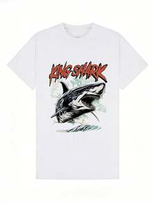 Camiseta informal de manga corta y cuello redondo para niño suave con estampado de tiburón, ideal para primavera y verano.Black - Blanco - Ver 2
