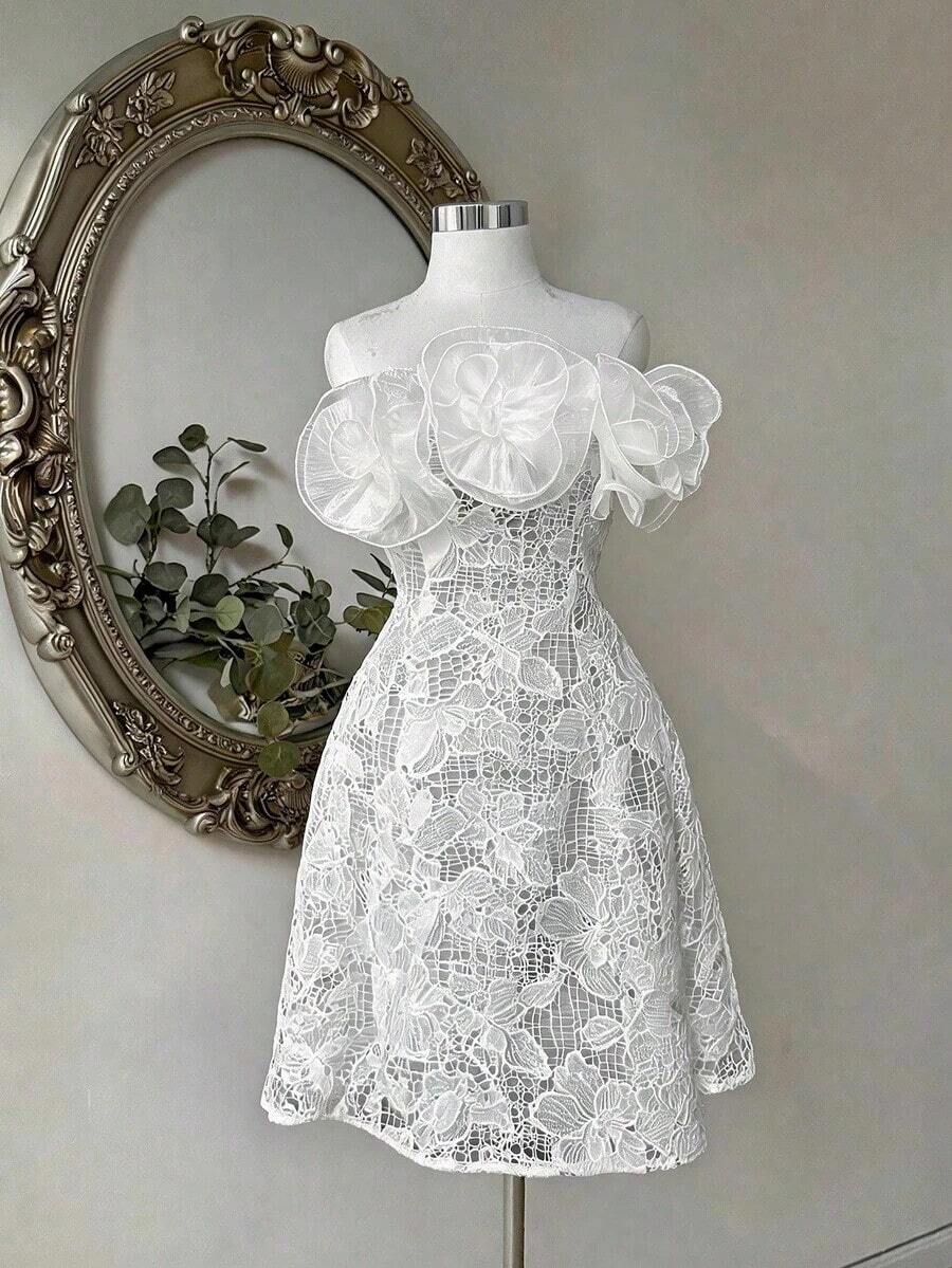 Vestido corto elegante para mujer con decoración de flores 3D en el escote - Blanco - Ver 1