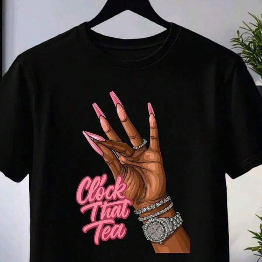 Only one short-sleeved top conjuntos para adolescentes Camiseta negra neutra, hecha de material puro, con un peso de 220 gramos, impresa con un patrón de "reloj y té" de moda, con un estilo de zapatos casuales, que muestra personalidad, adecuada como regalo de pareja, regalo de Navidad y regalo del Día de San Valentín, Buen Viernes, cómoda y transpirable, dise? o limpio, para hombres, atuendo de viaje blusas A short-sleeved shirt - Negro - Ver 1