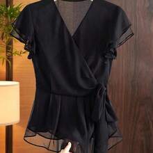 Blusa de gasa con cuello en V, volantes, cintura con lazo y mangas de campana - Blanco - Ver 2