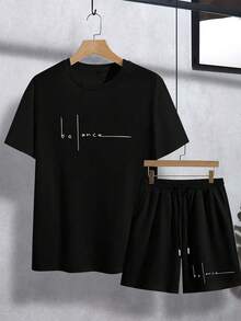 Plus Size 2-Piece Set: Men's Summer Casual 2-Piece Set, Crew Neck T-Shirt With "Balance" Print And Elastic Waist Shorts - Black - View 2