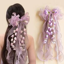 1pc AYLHFO Spring/Summer New Bridal Artificial Flower Mesh Long Ribbon Bow Hair Clip, Women's Fashion Bohemian Style Exaggerated Large Long Ribbon Tulip Bow Hair Clip, Bridal Wedding Hair Accessory, Suitable For Daily And Wedding Party Wear - màu xanh da trời - Xem 6