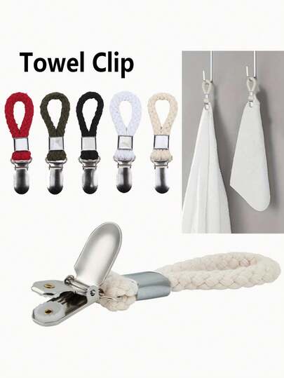 1 chiếc kẹp khăn lau chén có vòng cotton để treo, móc treo khăn bằng kim loại đa năng dùng cho nhà bếp và phòng tắm.