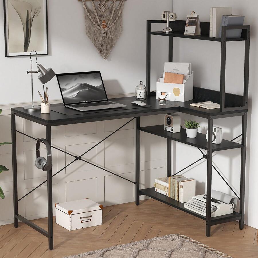 Industrial Computer Desk With Left CPU Stand, Monitor Riser & 3-Tier Shelves – 120cm Gaming Desk With Spacious MDF Top, Home Office Study Table, Writing Desk For Bedroom (Rustic Brown/Black)
