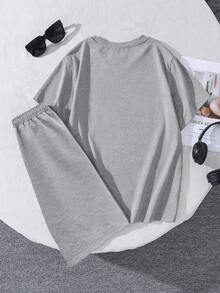 2pcs/Set Teenager Boys' Casual Funny English Letter Print Round Neck Short Sleeve T-Shirt And Shorts Set, Summer - Grey - View 4