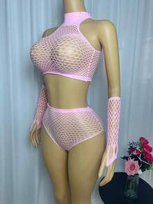 Sexy Lingerie Set With Fishnet And Rhinestone Embellishments, Hollow Out Sheer Design, Suitable For Parties And Dates, Shiny Goddess Sleeves And Exposed Navel, Showcasing Perfect Body Shape - Pink - View 2