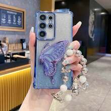 1 Pair Butterfly + Bracelet Holder, Shockproof/TPU Silicone Soft Edge Luxury Protective Phone Case With Dust-Proof Holes, Suitable For Samsung Galaxy S24 Ultra/S24 Plus/S24/S23 Ultra/S23 Plus/S23/S22 Ultra/S22 Plus/S22/S21 Ultra/S21 Plus/S21 FE/S23 FE/S20 Ultra/S20 Plus/S20 FE And Holder Electroplated + TPU Silicone Soft Edge Full Coverage High-End Protective Case, Suitable For A5X/C1 2 3 4 5 6 7 8 9/9 8 7 6 5 4 3 2 1 And A1 2 3 4 5 6 7 8 9 9 8 7 6 5 4 3 2 1 - Blue - View 4