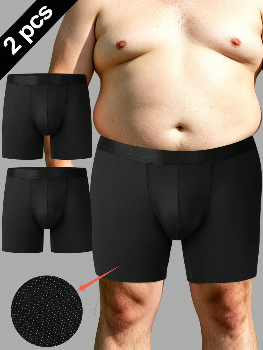 Norcotton 2pcs/Pack Men's Nylon Mesh Plus Size Long Boxer Briefs, Extra Wide & Extra Long, Suitable For Tall And Big Men - Black - View 1